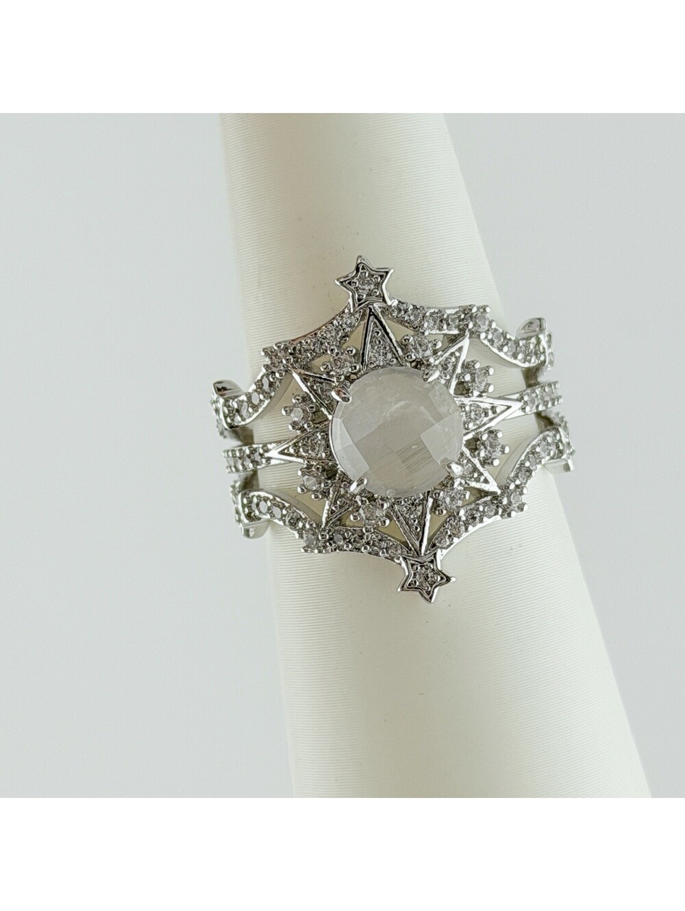 Bomb Party Halo Sz 9 "Heaven Holds You" Genuine Moonstone on Rhodium